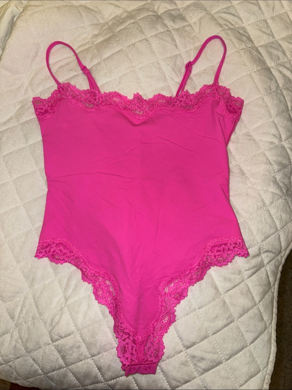 SKIMS Lace Trim Hot Pink Bodysuit